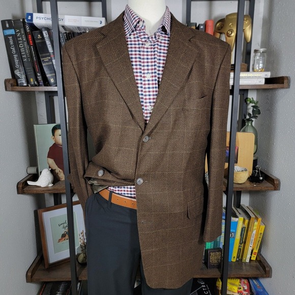 Stafford Men's Flannel Sport Coat Blazer Three Button Brown Plaid Wool Size‎ 44L - Picture 1 of 16